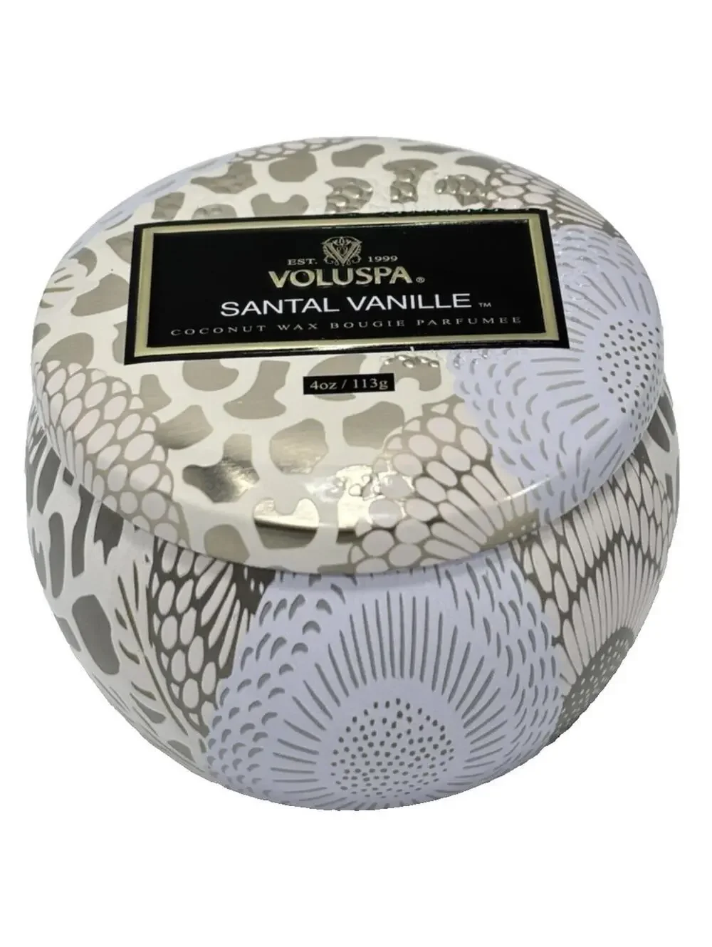 Voluspa Santal Vanille Mini Tin Candle 4oz/113g Warm Vanilla Sandalwood Scent